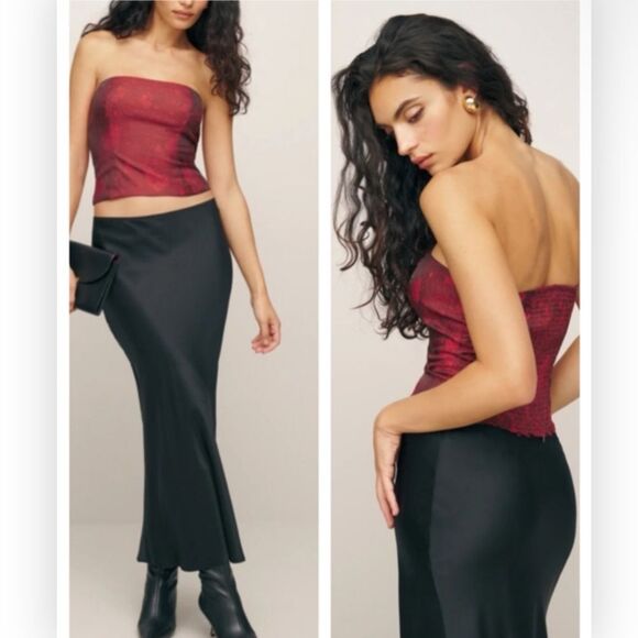Reformation Giorgia strapless top in Red floral jacquard - size 12 NEW - Picture 1 of 10